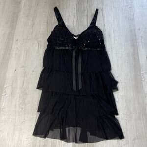 Enchanted Black Ruffle Sequin Baby Doll Lingerie Matching Thong Medium